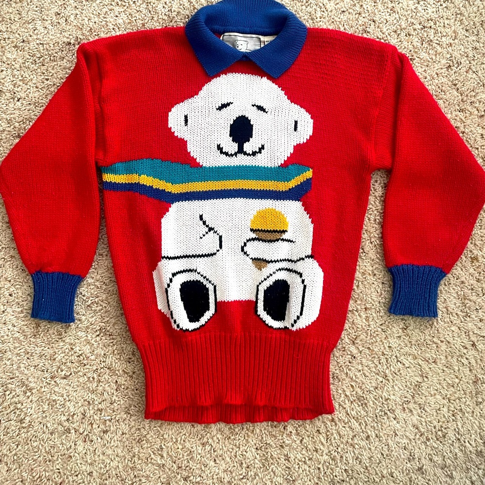 Vintage 1980s pullover sweater teddy bear medium novelty print red blue